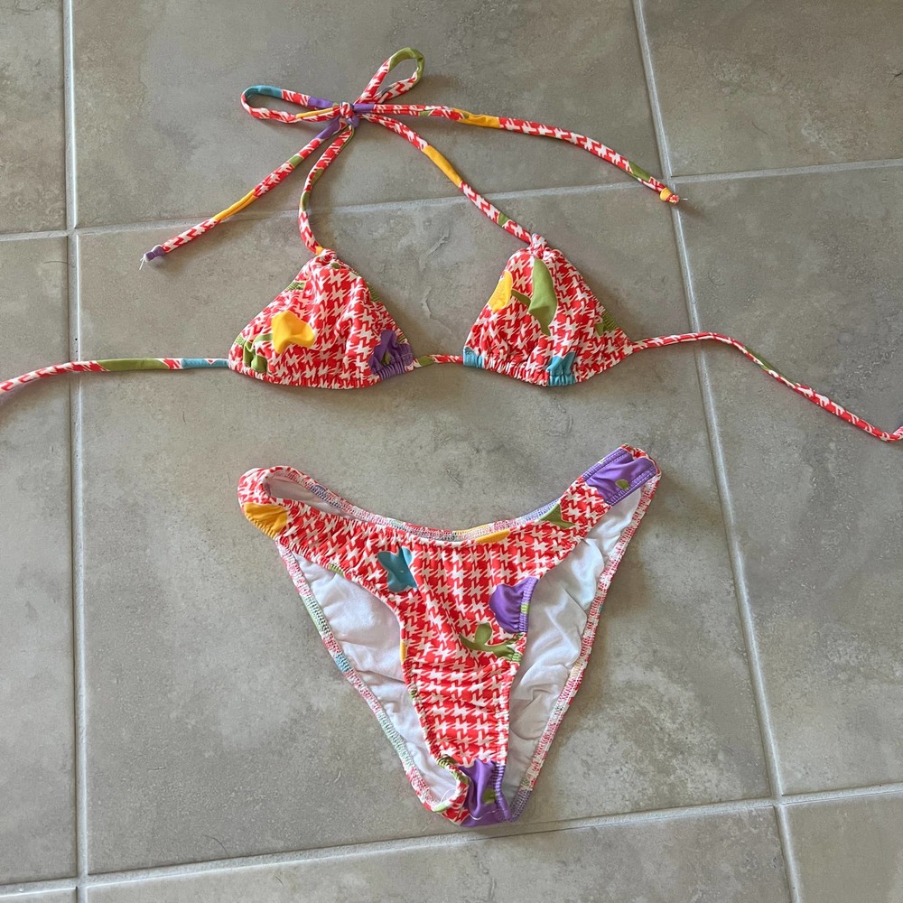 Mirror Palais Red Patterned Triangle Bikini with Yellow, Purple & Teal Accents